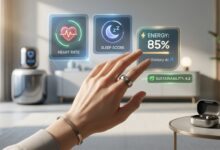 A high-tech smart ring worn on a finger displaying futuristic health data icons including heart rate and energy score, representing the best smart rings in 2026.