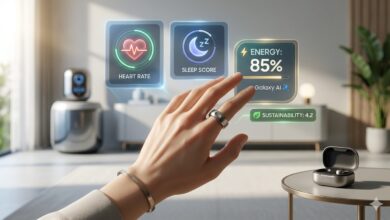 A high-tech smart ring worn on a finger displaying futuristic health data icons including heart rate and energy score, representing the best smart rings in 2026.