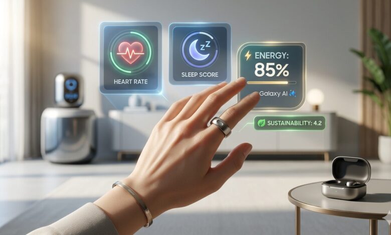 A high-tech smart ring worn on a finger displaying futuristic health data icons including heart rate and energy score, representing the best smart rings in 2026.