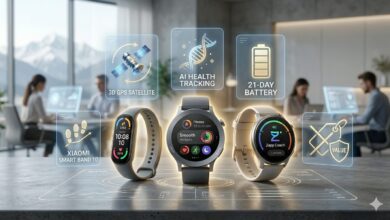 A featured image for Numerelo showing three sleek budget smartwatches of 2026 in a modern office, surrounded by glowing blue and gold holographic interfaces illustrating premium features like GPS, AI Health, and 21-Day Battery.