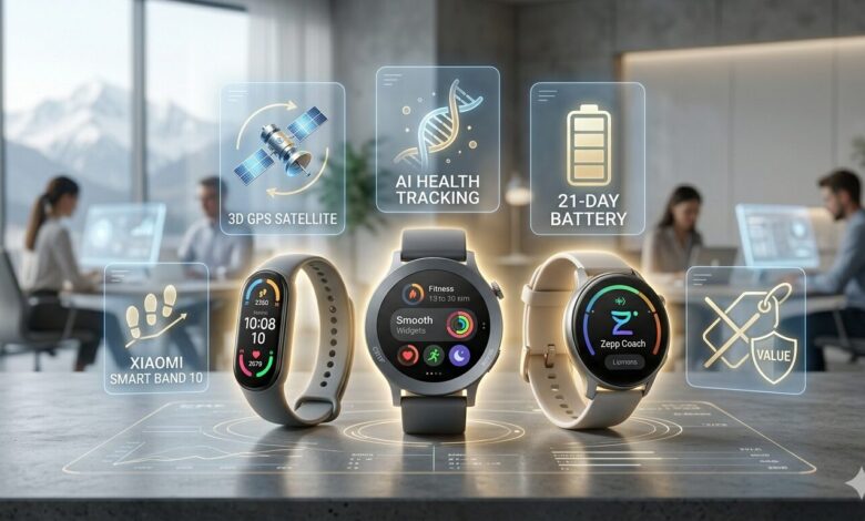 A featured image for Numerelo showing three sleek budget smartwatches of 2026 in a modern office, surrounded by glowing blue and gold holographic interfaces illustrating premium features like GPS, AI Health, and 21-Day Battery.