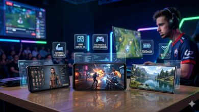 Comparison of the best gaming phones of 2026 including ASUS ROG Phone 9 Pro and RedMagic 11 Pro, showcasing high-performance displays, liquid cooling icons, and 7500mAh battery features in a pro gaming setup.