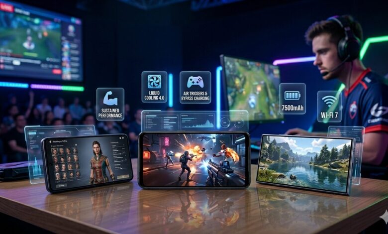 Comparison of the best gaming phones of 2026 including ASUS ROG Phone 9 Pro and RedMagic 11 Pro, showcasing high-performance displays, liquid cooling icons, and 7500mAh battery features in a pro gaming setup.