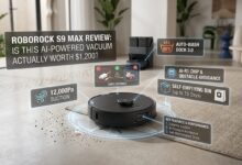 Roborock S9 Max AI robot vacuum cleaning a modern living room floor with holographic overlays showing 12,000Pa suction and AI obstacle avoidance features.
