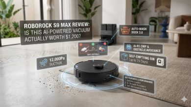 Roborock S9 Max AI robot vacuum cleaning a modern living room floor with holographic overlays showing 12,000Pa suction and AI obstacle avoidance features.