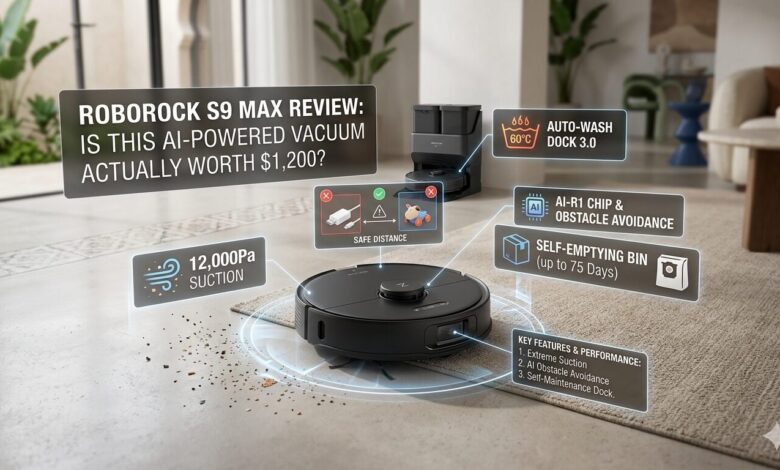Roborock S9 Max AI robot vacuum cleaning a modern living room floor with holographic overlays showing 12,000Pa suction and AI obstacle avoidance features.