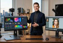 An elegant male content creator in a modern studio demonstrating two high-end 4K monitors, one showing professional video editing software and the other showcasing color-accurate photo editing, featuring 2026 tech gear.