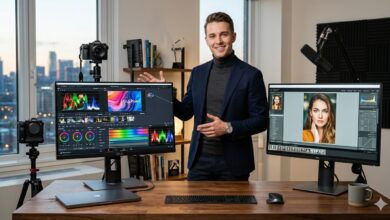 An elegant male content creator in a modern studio demonstrating two high-end 4K monitors, one showing professional video editing software and the other showcasing color-accurate photo editing, featuring 2026 tech gear.