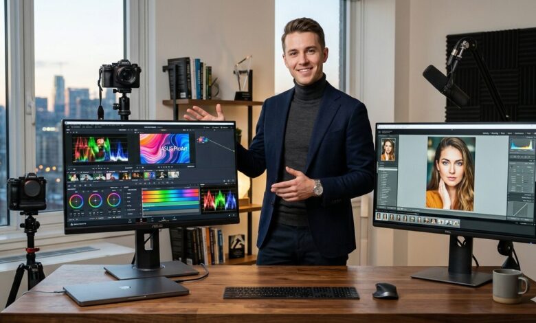 An elegant male content creator in a modern studio demonstrating two high-end 4K monitors, one showing professional video editing software and the other showcasing color-accurate photo editing, featuring 2026 tech gear.