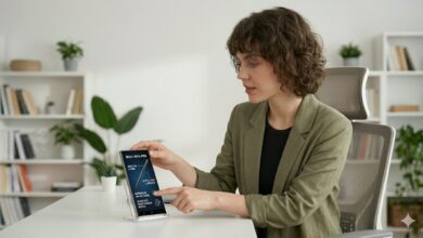 A professional tech reviewer in an olive green blazer holds the Samsung Galaxy S26 Ultra in Titanium Gray, smiling and looking at the screen for an in-depth review on Numerello.com. Modern home office background with bookshelves.