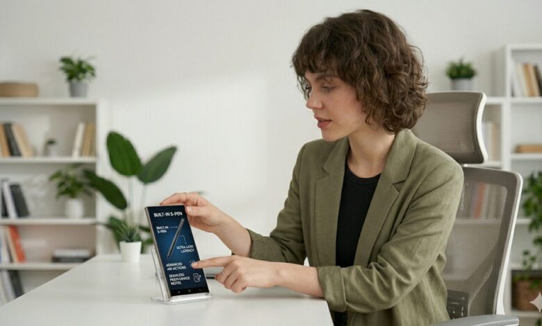 A professional tech reviewer in an olive green blazer holds the Samsung Galaxy S26 Ultra in Titanium Gray, smiling and looking at the screen for an in-depth review on Numerello.com. Modern home office background with bookshelves.