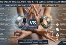 Detailed comparison infographic of Samsung Galaxy Ring 2 and Oura Ring 4 smart rings, showing battery life, sensors, and subscription costs.