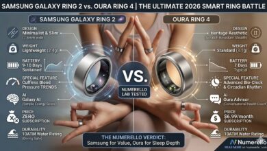 Detailed comparison infographic of Samsung Galaxy Ring 2 and Oura Ring 4 smart rings, showing battery life, sensors, and subscription costs.
