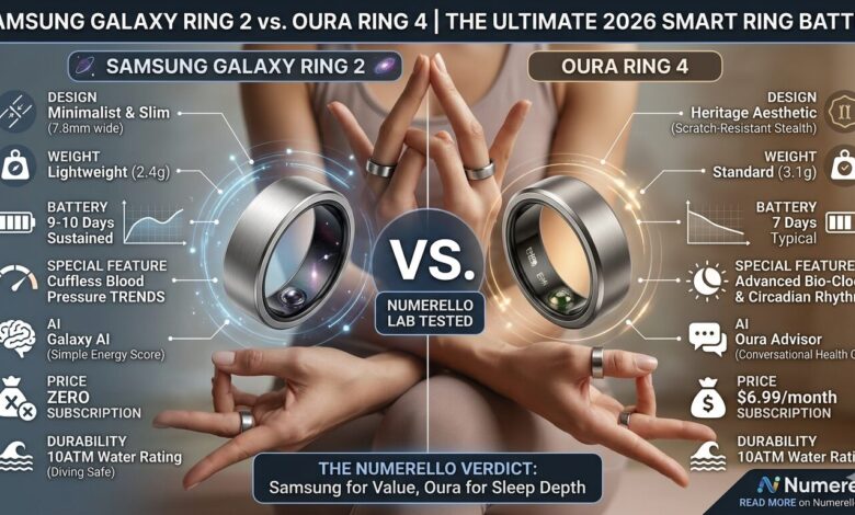 Detailed comparison infographic of Samsung Galaxy Ring 2 and Oura Ring 4 smart rings, showing battery life, sensors, and subscription costs.