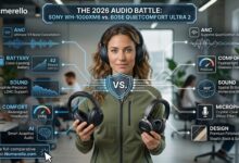 Detailed 2026 audio infographic comparison for Numerello between Sony WH-1000XM6 and Bose QuietComfort Ultra 2 headphones. A woman with curly hair is featured in a blurred office background holding the devices, surrounded by digital spec charts including 42-hour battery life, V3 noise cancellation, and spatial audio features.