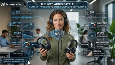 Detailed 2026 audio infographic comparison for Numerello between Sony WH-1000XM6 and Bose QuietComfort Ultra 2 headphones. A woman with curly hair is featured in a blurred office background holding the devices, surrounded by digital spec charts including 42-hour battery life, V3 noise cancellation, and spatial audio features.