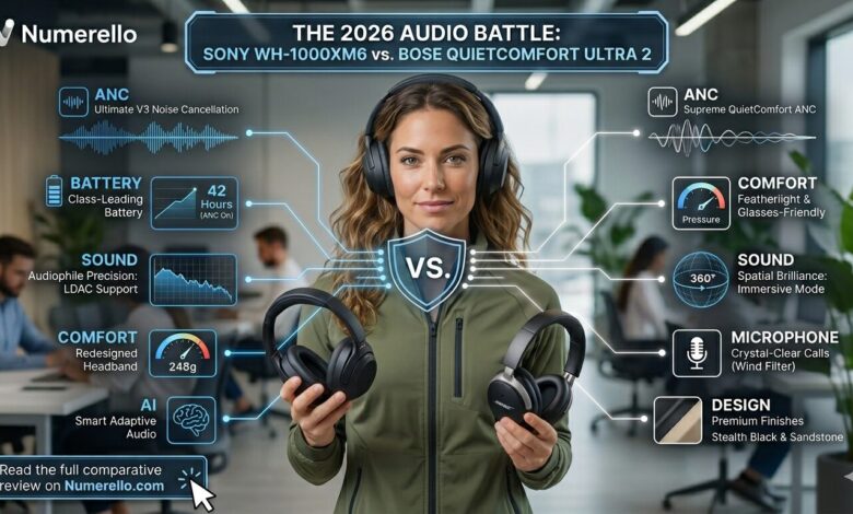 Detailed 2026 audio infographic comparison for Numerello between Sony WH-1000XM6 and Bose QuietComfort Ultra 2 headphones. A woman with curly hair is featured in a blurred office background holding the devices, surrounded by digital spec charts including 42-hour battery life, V3 noise cancellation, and spatial audio features.