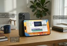 A clean horizontal review photo for Numerello showing the space gray iPhone 18 Pro Max smartphone on a wooden desk. The screen displays the iOS interface with an active video editing timeline for a 4K ProRes LOG project. Minimal text callouts point to the A20 Pro chip, 6.9-inch display, local AI features, anti-flare camera system, and the 16.5-hour battery life next to a dark blue mug, notebooks, and a plant.