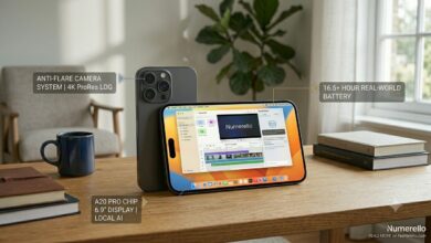 A clean horizontal review photo for Numerello showing the space gray iPhone 18 Pro Max smartphone on a wooden desk. The screen displays the iOS interface with an active video editing timeline for a 4K ProRes LOG project. Minimal text callouts point to the A20 Pro chip, 6.9-inch display, local AI features, anti-flare camera system, and the 16.5-hour battery life next to a dark blue mug, notebooks, and a plant.