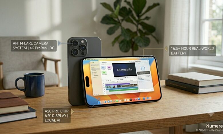 A clean horizontal review photo for Numerello showing the space gray iPhone 18 Pro Max smartphone on a wooden desk. The screen displays the iOS interface with an active video editing timeline for a 4K ProRes LOG project. Minimal text callouts point to the A20 Pro chip, 6.9-inch display, local AI features, anti-flare camera system, and the 16.5-hour battery life next to a dark blue mug, notebooks, and a plant.