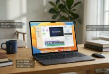 A clean horizontal review photo for Numerello showing the midnight aluminum Apple MacBook Air M4 laptop open on a wooden table. The screen displays the macOS desktop with an active video editing timeline. Minimal text callouts point to the M4 chip, 16GB RAM, 15.5-hour battery life, and the ultra-thin 11mm silent profile next to a dark blue mug, mouse, and notebooks.
