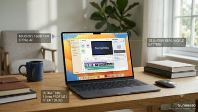 A clean horizontal review photo for Numerello showing the midnight aluminum Apple MacBook Air M4 laptop open on a wooden table. The screen displays the macOS desktop with an active video editing timeline. Minimal text callouts point to the M4 chip, 16GB RAM, 15.5-hour battery life, and the ultra-thin 11mm silent profile next to a dark blue mug, mouse, and notebooks.