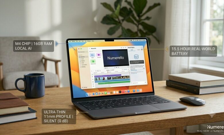 A clean horizontal review photo for Numerello showing the midnight aluminum Apple MacBook Air M4 laptop open on a wooden table. The screen displays the macOS desktop with an active video editing timeline. Minimal text callouts point to the M4 chip, 16GB RAM, 15.5-hour battery life, and the ultra-thin 11mm silent profile next to a dark blue mug, mouse, and notebooks.