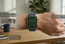 A close-up horizontal review photo for Numerello showcasing the thin titanium Apple Watch Series 11 on a wrist. The green watch face displays dynamic health metrics. Minimal text callouts point to Local Apple Intelligence, Metabolic Stress Index Monitoring, Advanced Multi-Path Health Core, and the refined thin 9.2mm profile next to a blue coffee mug and books on a wooden table.