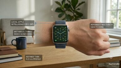 A close-up horizontal review photo for Numerello showcasing the thin titanium Apple Watch Series 11 on a wrist. The green watch face displays dynamic health metrics. Minimal text callouts point to Local Apple Intelligence, Metabolic Stress Index Monitoring, Advanced Multi-Path Health Core, and the refined thin 9.2mm profile next to a blue coffee mug and books on a wooden table.