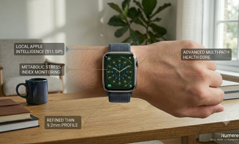 A close-up horizontal review photo for Numerello showcasing the thin titanium Apple Watch Series 11 on a wrist. The green watch face displays dynamic health metrics. Minimal text callouts point to Local Apple Intelligence, Metabolic Stress Index Monitoring, Advanced Multi-Path Health Core, and the refined thin 9.2mm profile next to a blue coffee mug and books on a wooden table.