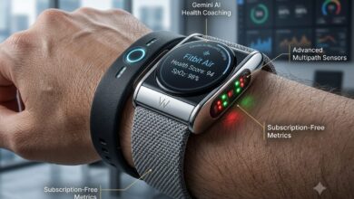 A close-up horizontal review photo for Numerello showcasing the Google Fitbit Air wearable device on a wrist. The smart band features a circular display showing a 94 health score and 98% SpO2 metric. Minimal text callouts point to Gemini AI Health Coaching, Advanced Multipath Sensors, and Subscription-Free Metrics next to woven grey and black performance straps.