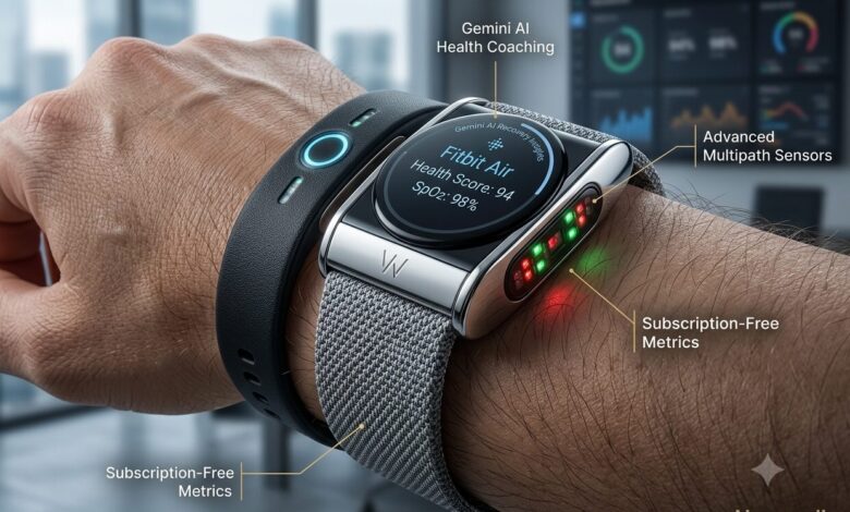 A close-up horizontal review photo for Numerello showcasing the Google Fitbit Air wearable device on a wrist. The smart band features a circular display showing a 94 health score and 98% SpO2 metric. Minimal text callouts point to Gemini AI Health Coaching, Advanced Multipath Sensors, and Subscription-Free Metrics next to woven grey and black performance straps.