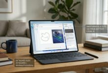 A clean horizontal review photo for Numerello showing the Microsoft Surface Pro 11 tablet docked with its black Flex Keyboard on a wooden table. The screen displays the Windows 11 desktop with open Copilot+ Cocreator and Live Captions windows. Minimal text callouts point to the Snapdragon X Elite processor, 14-hour battery, and detached wireless productivity features next to a blue mug and notebooks.