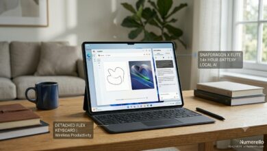 A clean horizontal review photo for Numerello showing the Microsoft Surface Pro 11 tablet docked with its black Flex Keyboard on a wooden table. The screen displays the Windows 11 desktop with open Copilot+ Cocreator and Live Captions windows. Minimal text callouts point to the Snapdragon X Elite processor, 14-hour battery, and detached wireless productivity features next to a blue mug and notebooks.