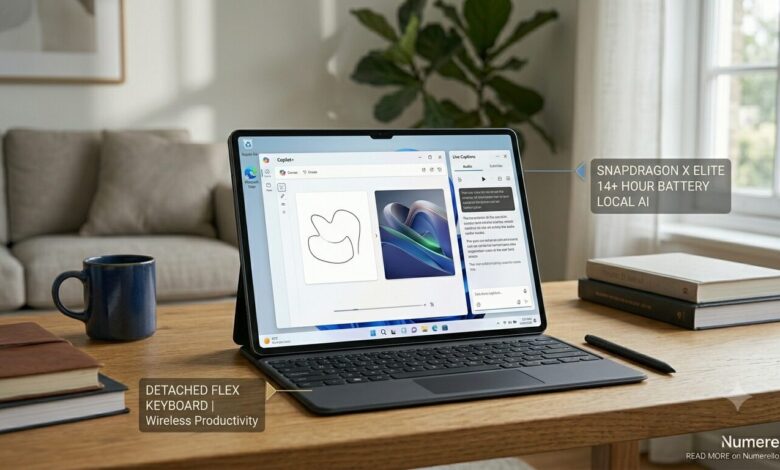 A clean horizontal review photo for Numerello showing the Microsoft Surface Pro 11 tablet docked with its black Flex Keyboard on a wooden table. The screen displays the Windows 11 desktop with open Copilot+ Cocreator and Live Captions windows. Minimal text callouts point to the Snapdragon X Elite processor, 14-hour battery, and detached wireless productivity features next to a blue mug and notebooks.