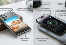 A comprehensive horizontal comparison photo for Numerello showcasing the Samsung Galaxy S26 Ultra next to the iPhone 18 Pro Max on a desk. Minimal text callouts highlight the Snapdragon 8 Gen 5 performance and Integrated S Pen against Apple's A20 Pro Silicon and Wide-Angle OLED Display.