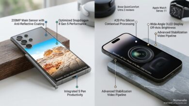 A comprehensive horizontal comparison photo for Numerello showcasing the Samsung Galaxy S26 Ultra next to the iPhone 18 Pro Max on a desk. Minimal text callouts highlight the Snapdragon 8 Gen 5 performance and Integrated S Pen against Apple's A20 Pro Silicon and Wide-Angle OLED Display.