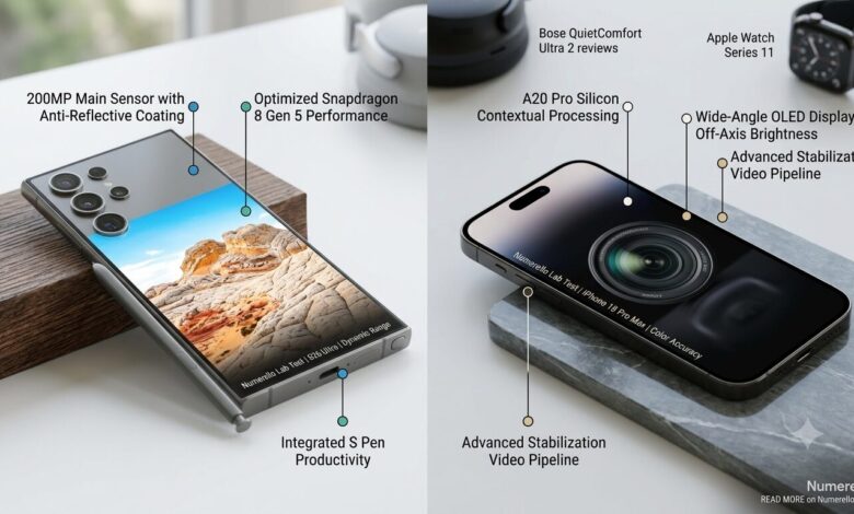 A comprehensive horizontal comparison photo for Numerello showcasing the Samsung Galaxy S26 Ultra next to the iPhone 18 Pro Max on a desk. Minimal text callouts highlight the Snapdragon 8 Gen 5 performance and Integrated S Pen against Apple's A20 Pro Silicon and Wide-Angle OLED Display.