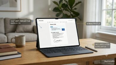 A clean horizontal review photo for Numerello showcasing the Samsung Galaxy Tab S10 Ultra tablet docked on its keyboard cover on a wooden desk. The screen displays a clear document interface with minimal feature callouts pointing to the 14.6-inch anti-reflective screen, 5.5mm profile, and the included S-Pen next to a ceramic mug and notebooks.