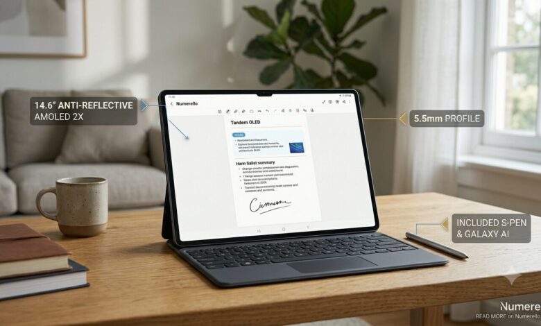 A clean horizontal review photo for Numerello showcasing the Samsung Galaxy Tab S10 Ultra tablet docked on its keyboard cover on a wooden desk. The screen displays a clear document interface with minimal feature callouts pointing to the 14.6-inch anti-reflective screen, 5.5mm profile, and the included S-Pen next to a ceramic mug and notebooks.