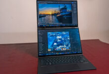 Asus Zenbook Duo 2026 review product photo for Numerello showcasing dual 14-inch 3K OLED touchscreens, detachable Bluetooth keyboard, and Intel Core Ultra callouts.