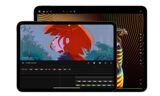 iPad Pro M4 (13-inch) review product photo for Numerello showcasing the Tandem OLED display, Magic Keyboard, and M4 chip performance callouts on a modern desk.