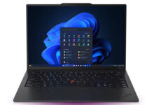 Lenovo ThinkPad X1 Carbon Gen 13 review product photo for Numerello showcasing the 2.8K OLED display, carbon fiber chassis, and Intel Core Ultra processor callouts on an executive desk.