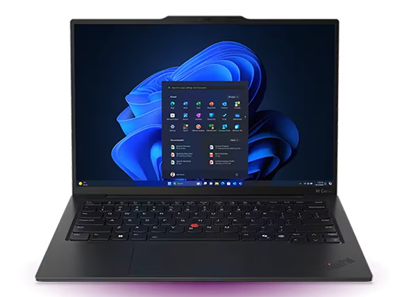 Lenovo ThinkPad X1 Carbon Gen 13 review product photo for Numerello showcasing the 2.8K OLED display, carbon fiber chassis, and Intel Core Ultra processor callouts on an executive desk.